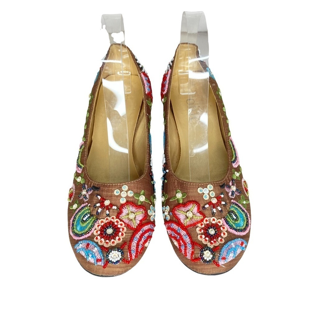 Brown Silk Beaded/Embroidered Kitten Heel Pumps